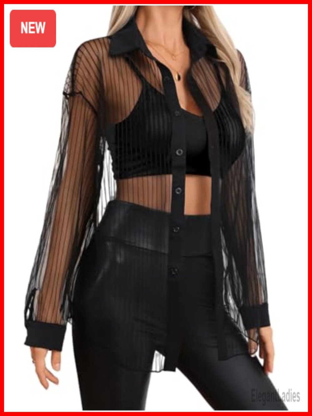 Sheer Mesh Button Up Shirt Long Sleeve Oversized Blouse Top